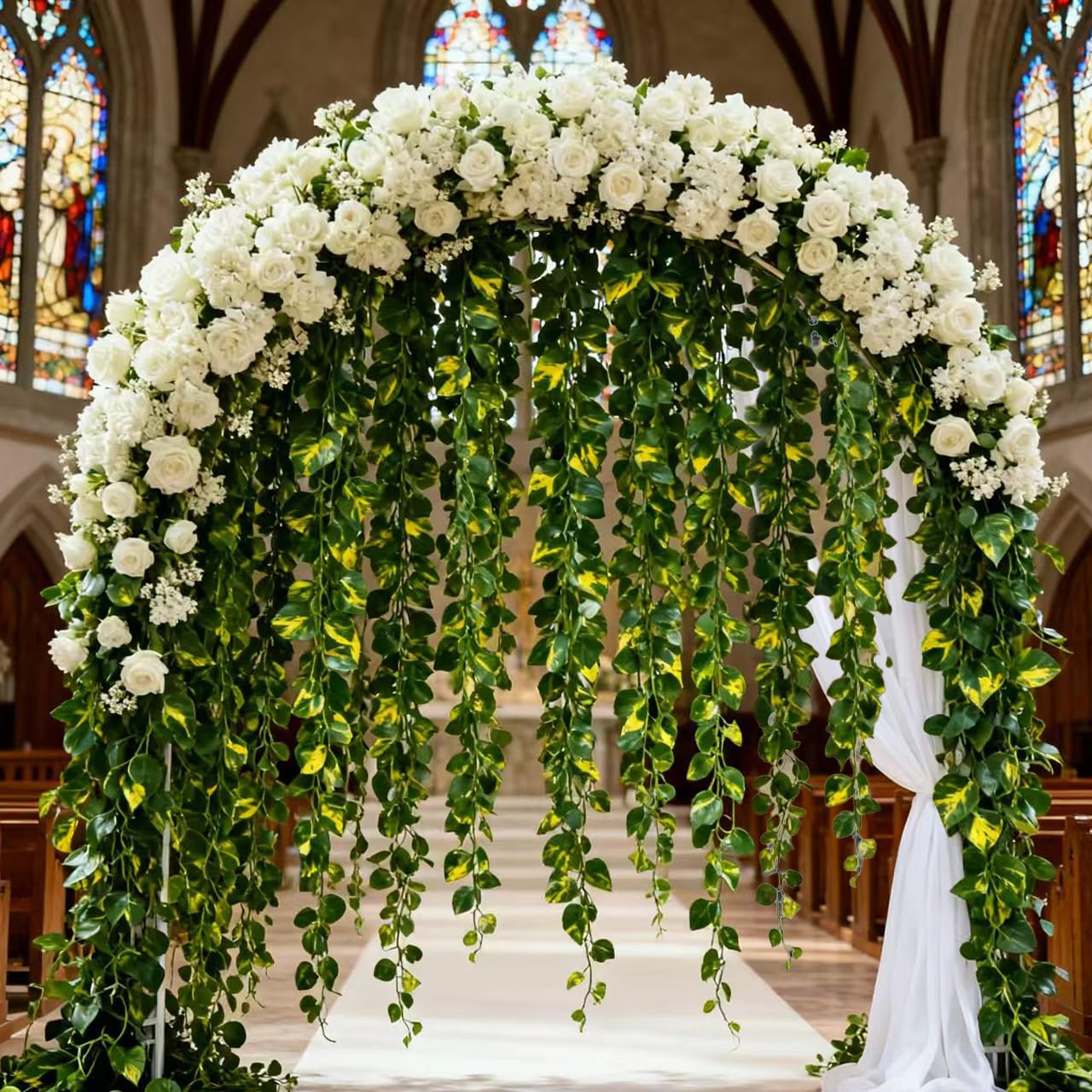 Jangmont Fake Vines for Room Decoration Artificial Ivy Garland Hanging Vines Faux Vines Decor for Wall Bedroom Outdoors Garden Wedding Office Patio (Pothos-Lesves, 12PCS 84FT)