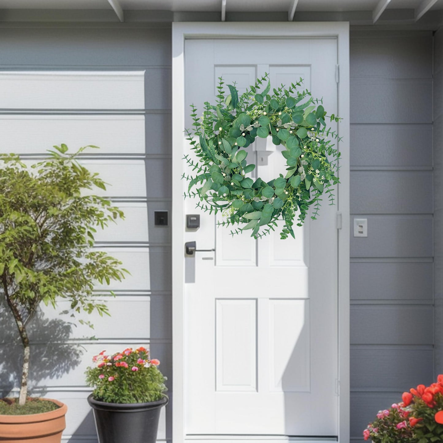 MAINGKAUNG Spring Wreath 22 Inch Spring Summer Wreaths with Eucalyptus Leaves and Berries Seasons Green Eucalyptus Wreath for Farmhouse Porch Front Door Wall Decor and Year Round Use