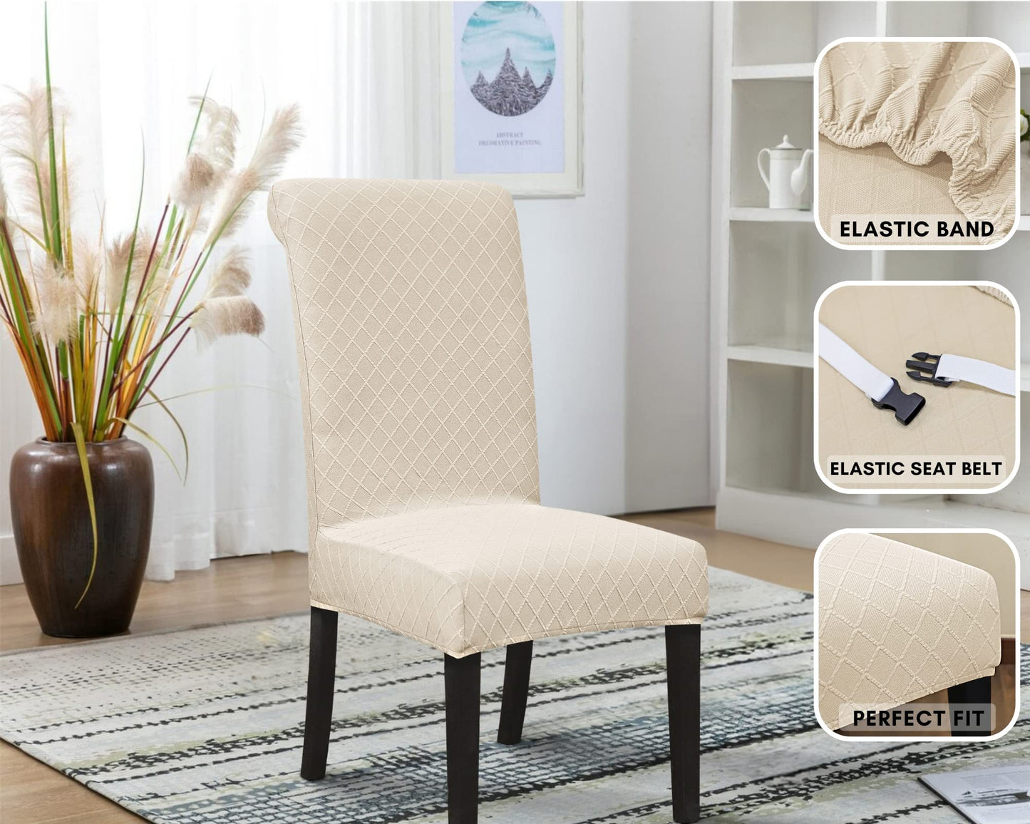 SPRINGRICO 4 Pack Dining Room Chair Covers with seat Belt, Stretch Parsons Chair Slipcover Washable Kitchen Dining Chair Cover Removable Seat Protector Set of 4, S2- Beige