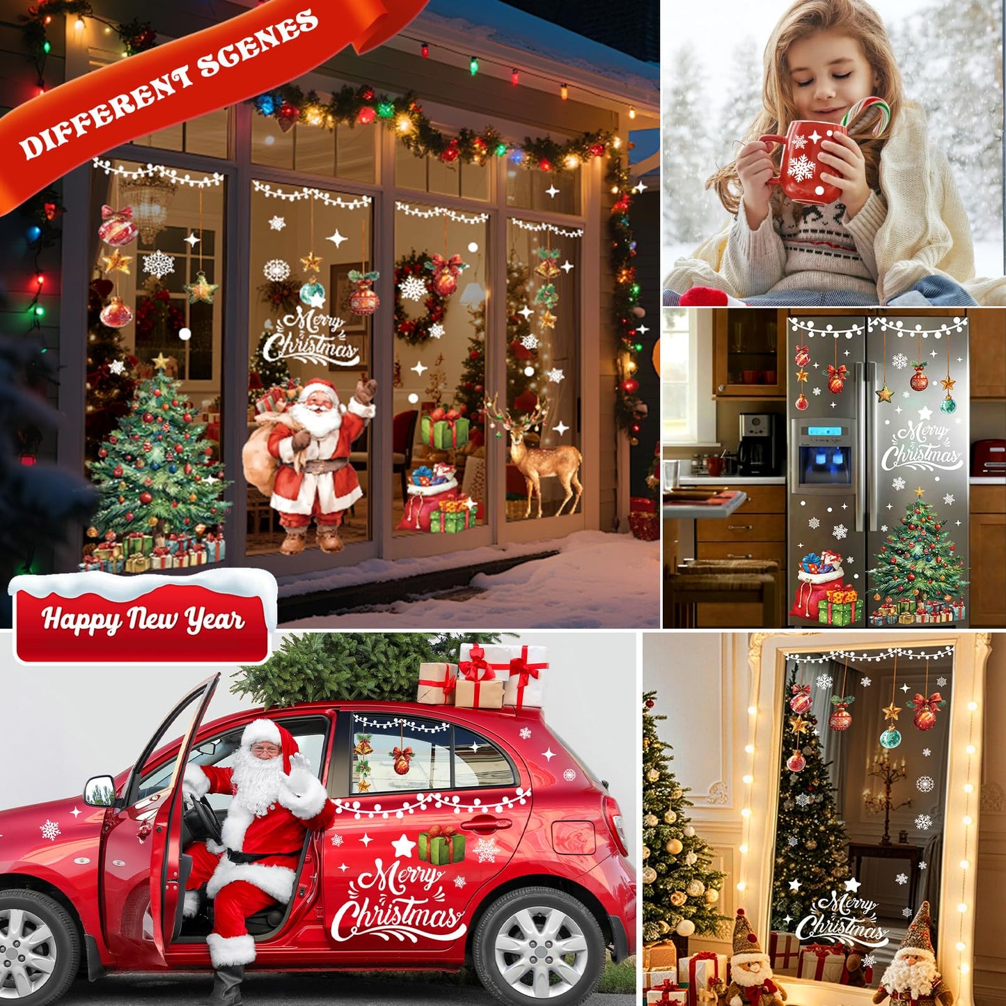 Jyanl 174PCS Christmas Window Clings Decorations Cute Large Christmas Tree Stickers Santa Claus Xmas Fall Window Snowflake Decal for Holiday Party Office (6 Sheets