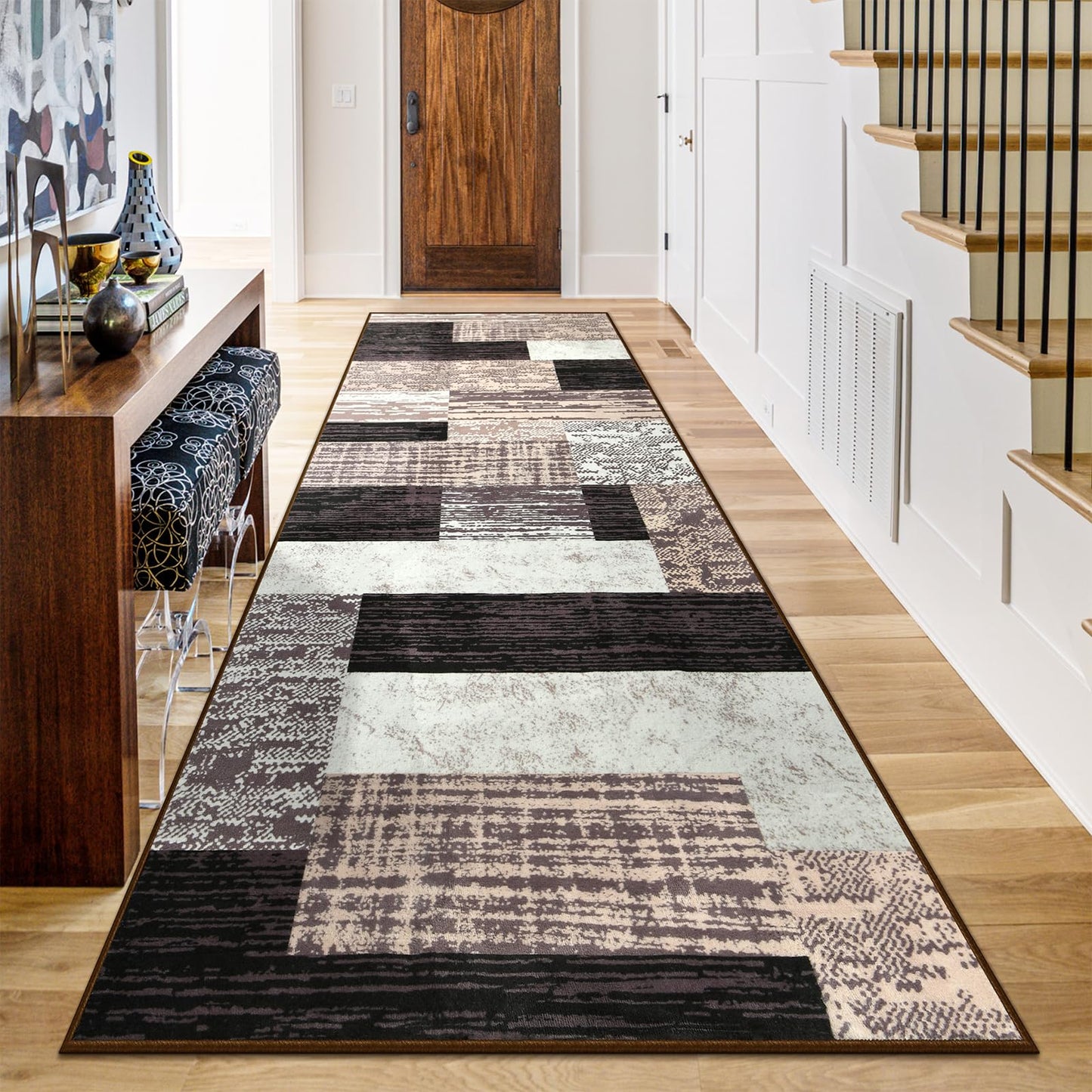 Indoor Runner Rug, Washable Runner Rug with Rubber Backing, Modern Geometric Patchwork Aesthetic Carpet for Bedroom, Living Room, Hallway, Entryway, Washable Rug Rockwood Collection, 2x6 Ft Chocolate