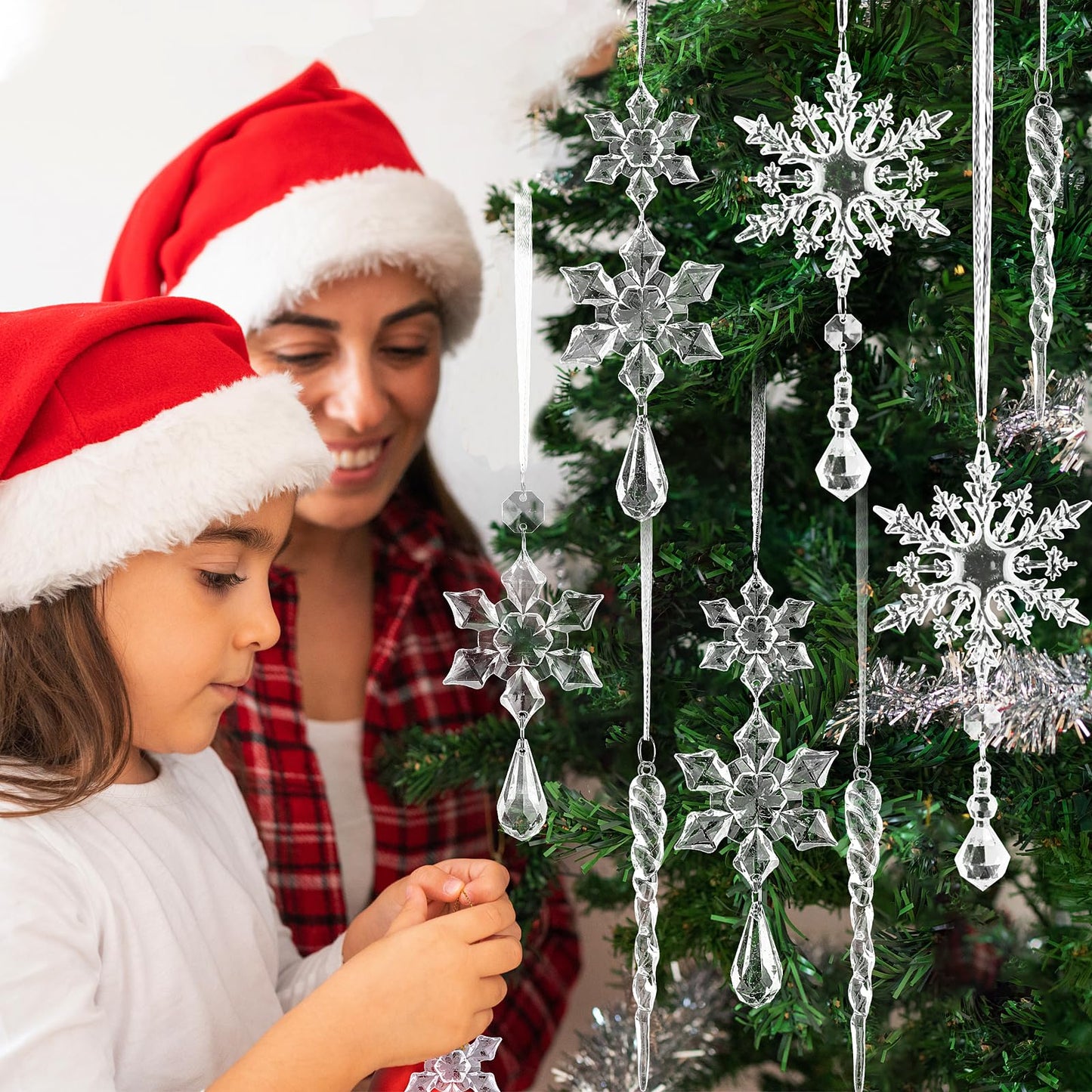 FOIMAS 25pcs Christmas Snowflake Icicle Ornament,Clear Acrylic Icicle Snowflake Drop Pendant Crystal Hanging Ornaments with Ribbon for Christmas Tree Home Decoration