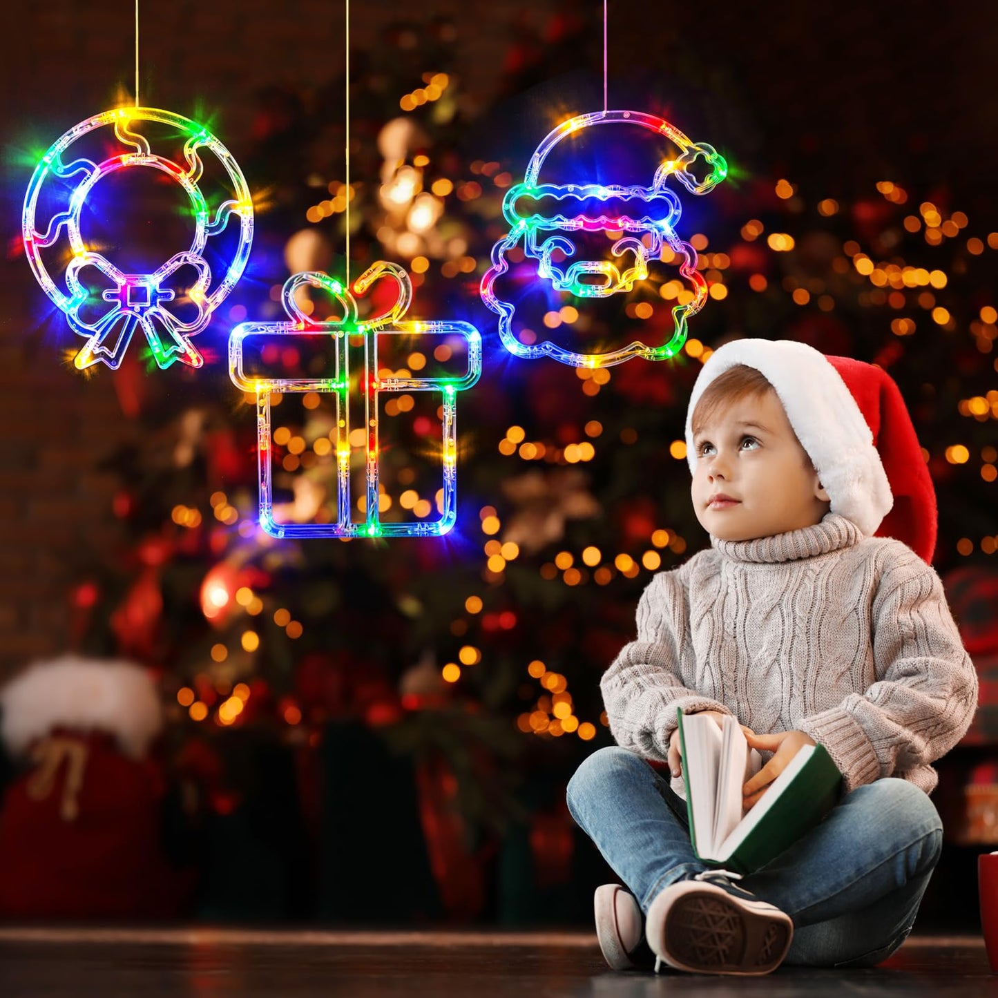 LOLStar Christmas Window Decorations 3 Pack Wreath Gift Box Santa Claus Christmas Window Lights with Suction Cups, Battery Operated Xmas Lights Decors, 2025 Upgrade Slow Fade Mode and Timer Function