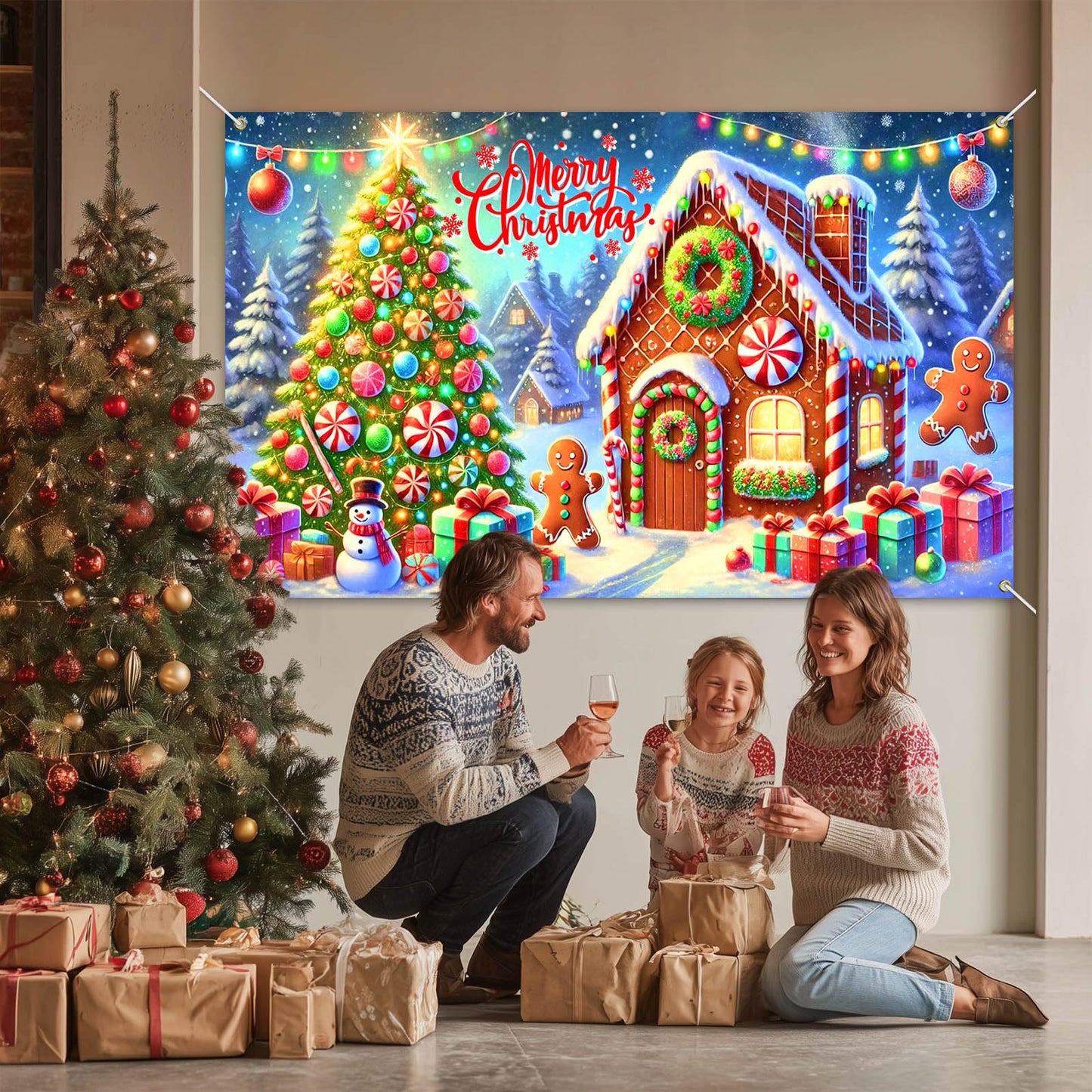 BlissYard Gingerbread Christmas Backdrop 71x43 Inches Snowman Tree Scene Banner Holiday Photography Background Indoor Outdoor Merry Christmas Decoration for Wall Party Display