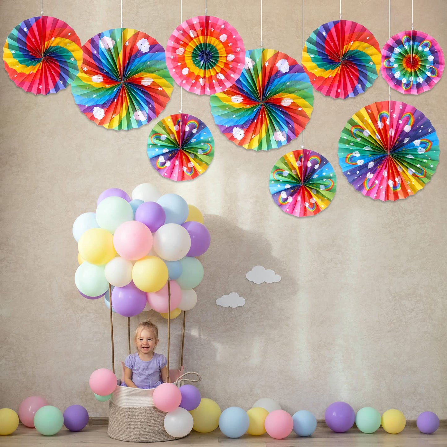 Outus 9 Pcs Rainbow Party Decorations Paper Fans Boho Classroom Bulletin Board Decor Ceiling Wall Hanging Paper Fans for Rainbow Birthday Baby Shower Party Supplies
