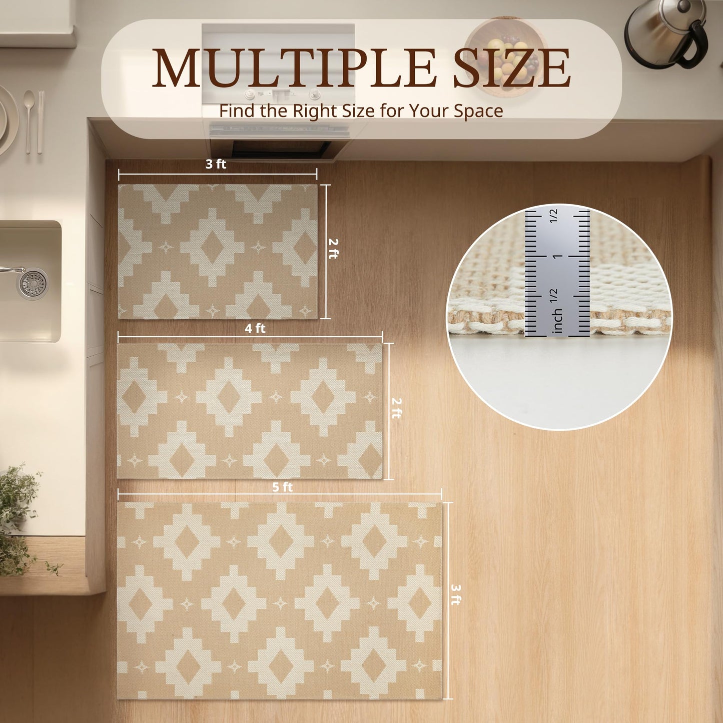 MatEssenz 2x3 Washable Entryway Rug, Woven Boho Geometric Indoor Front Door Mat, Pet Friendly Neutral Farmhouse Accent Throw Rug for Kitchen & Bedroom, Beige