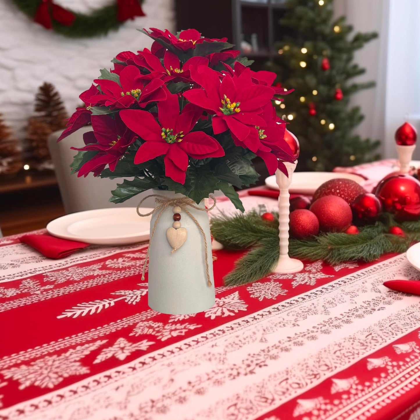 hopeme Artificial Red Poinsettia Christmas Flower Arrangement in Decorative White Vase, Holiday Floral Centerpiece with Heart Accent, Perfect Christmas Décor for Home, Office, or Gifts