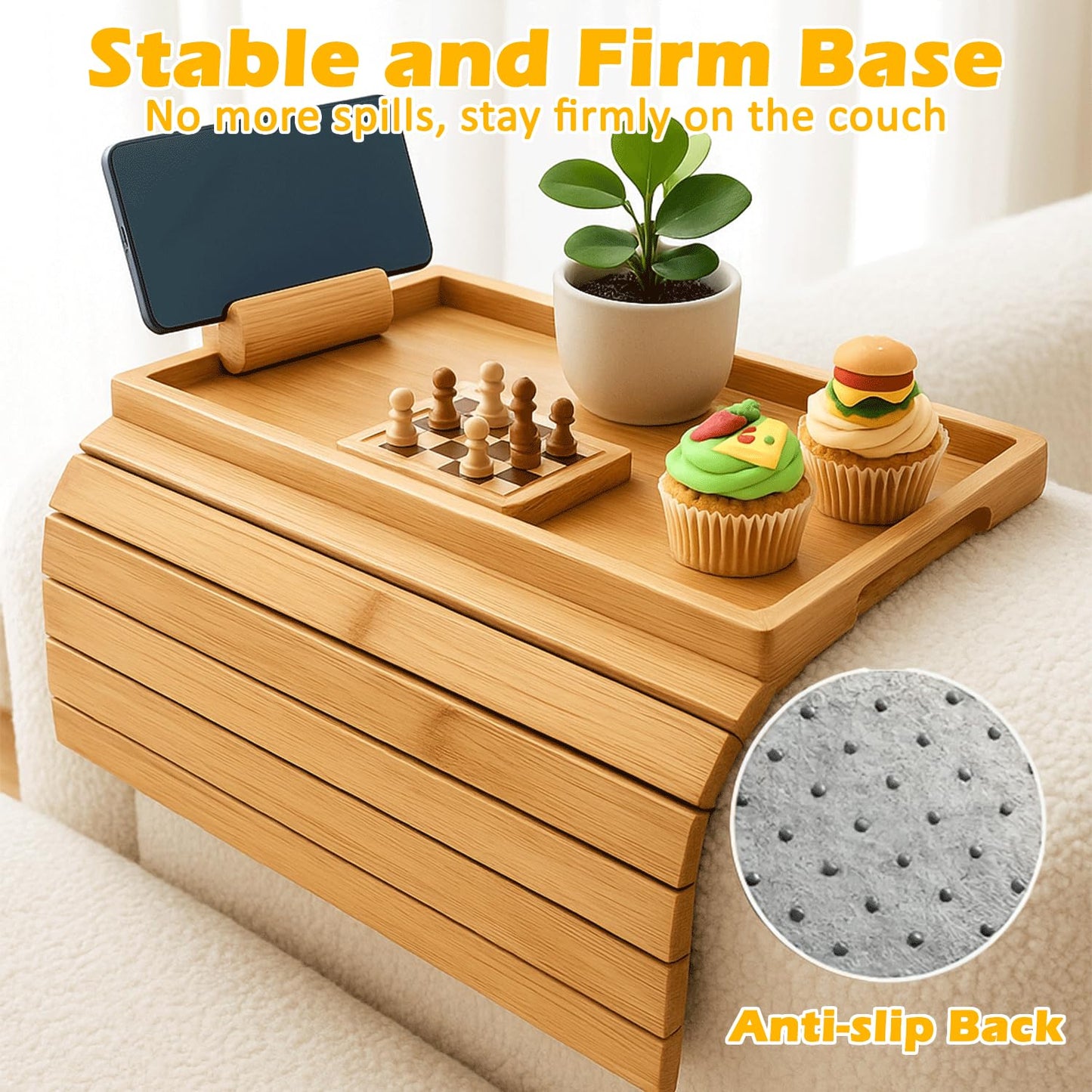 Foldable Bamboo Couch Arm Tray with Detachable Couch Cup Holder– Sofa Armrest Table for Remote, Snacks, Phone – Portable Armrest Caddy Tray for Sofa, Recliner, or Armchair