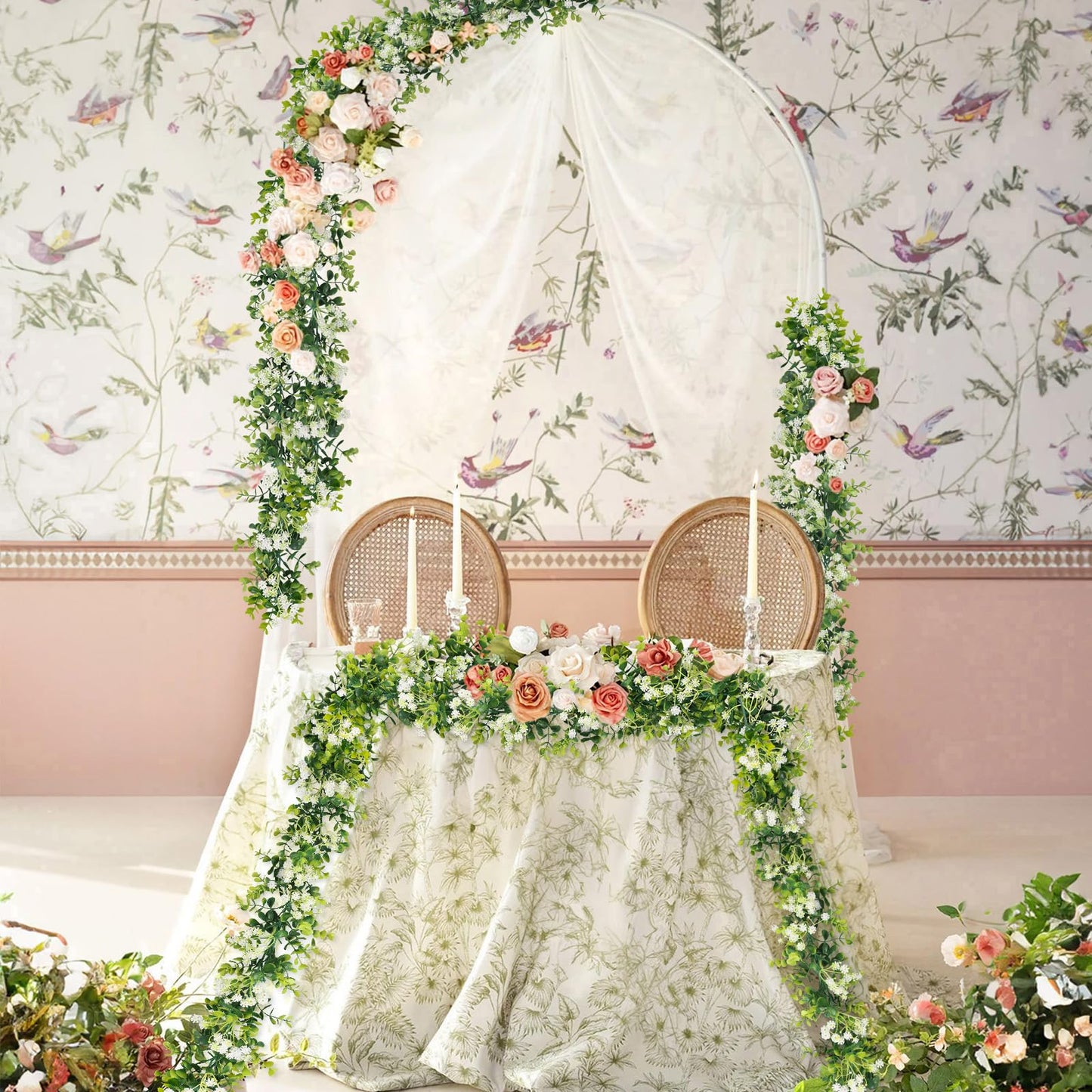 HIAGROW 6FT Eucalyptus Garland with Flowers, 2 Pack Artificial Greenery Garland Hanging Spring Eucalyptus Garland Suitable for Table Wedding Backdrop Arch Wall Party UV Protected Indoor Outdoor Decor