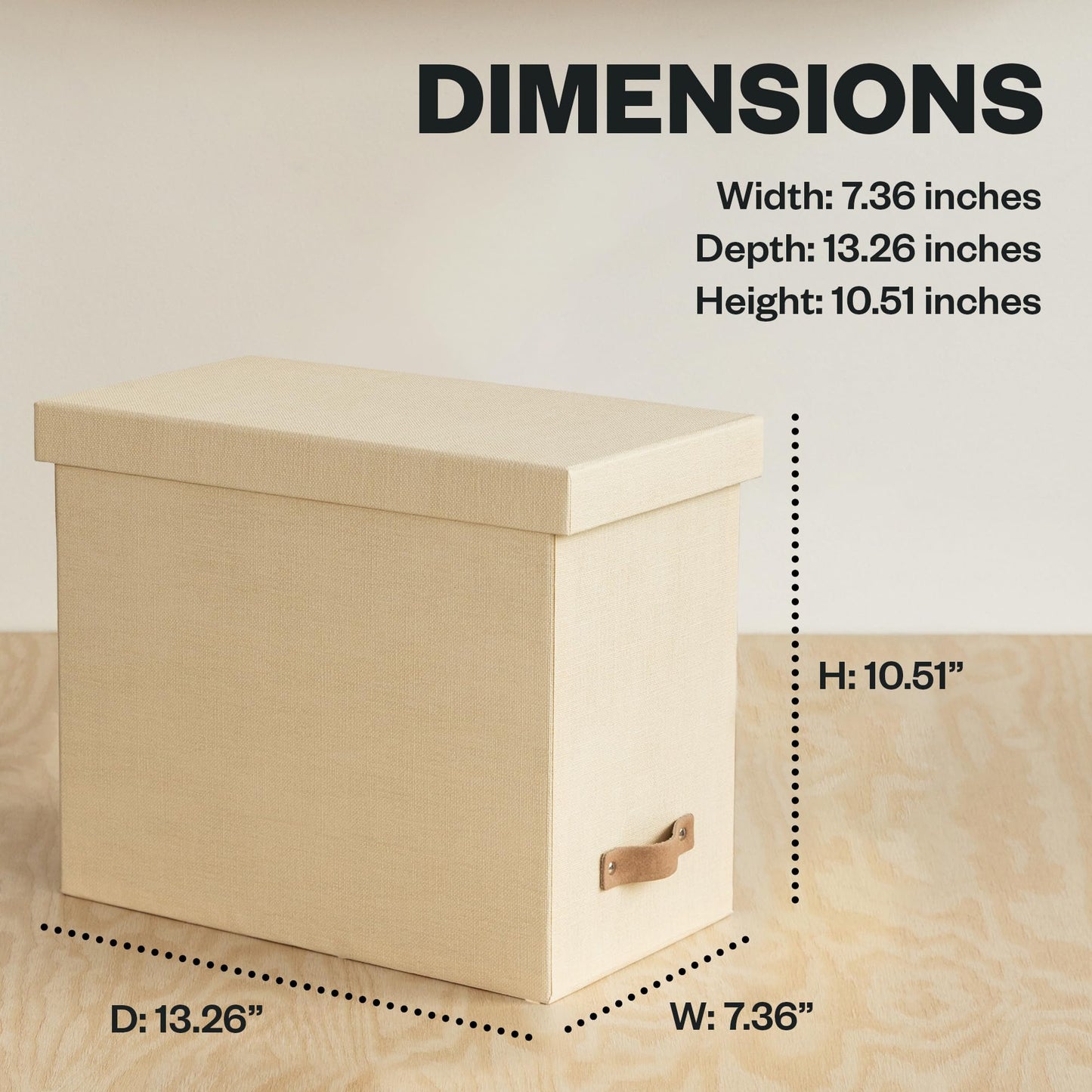 Bigso John File Box - File Storage Box and File Organizer for Important Paperwork - Durable Hanging File Box with Lid and Leather Handle - 7.36 in x 13.26 in x 10.51 in - Cream