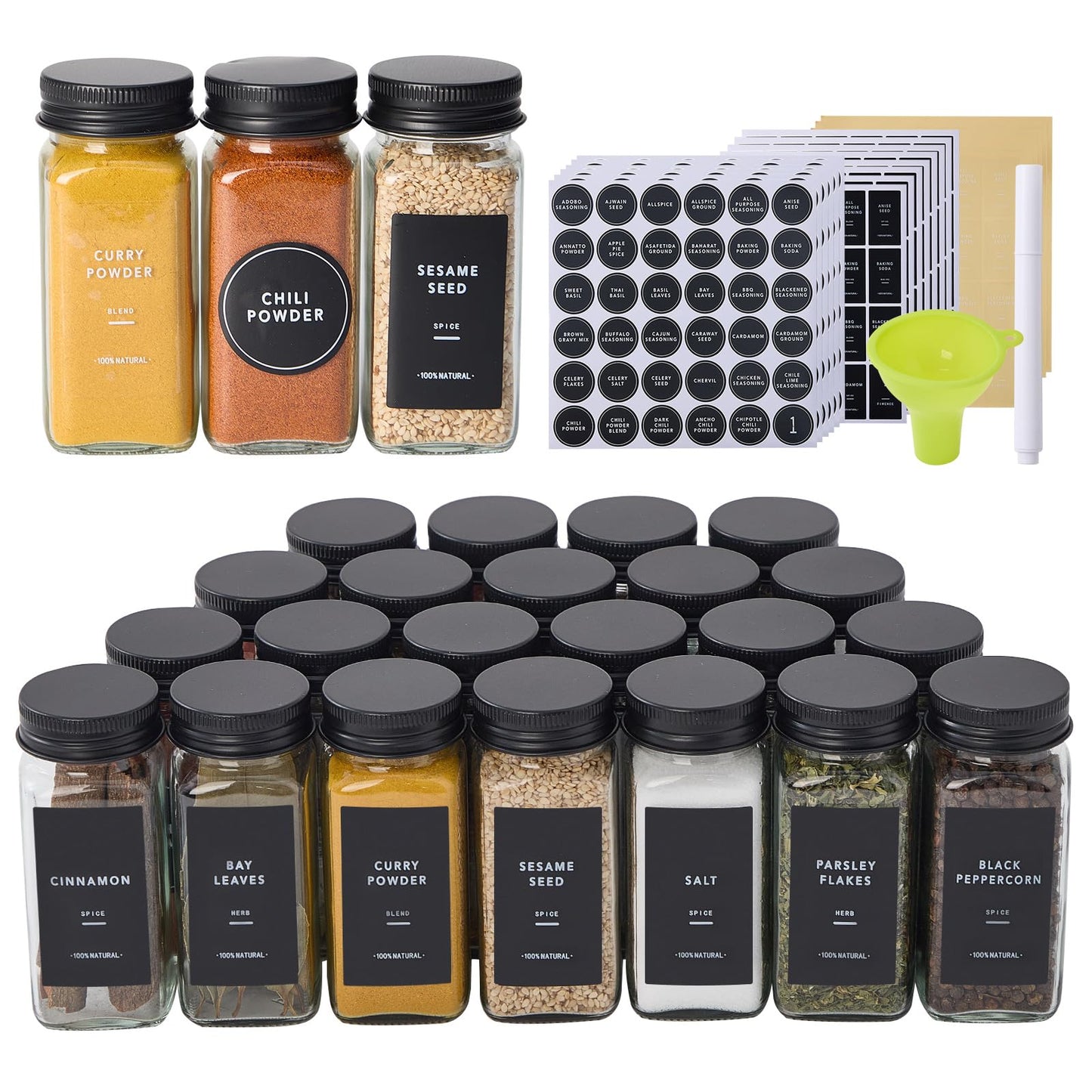 Fiwence 24 Glass Spice Jars with 576 Labels-Spice Jars with Black Metal Caps, 4oz Empty Square Spice Containers with Shaker Lids, Funnel, Pen, Seasoning Bottles for Spice Rack, Drawer, Cabinet