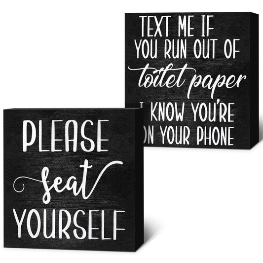 Jetec Set of 2 Farmhouse Bathroom Signs Decor Funny Rustic Wood Plaque Bathroom Wall Art Please Seat Yourself Wooden Toilet Signs for Home Restroom Shelves(Black)