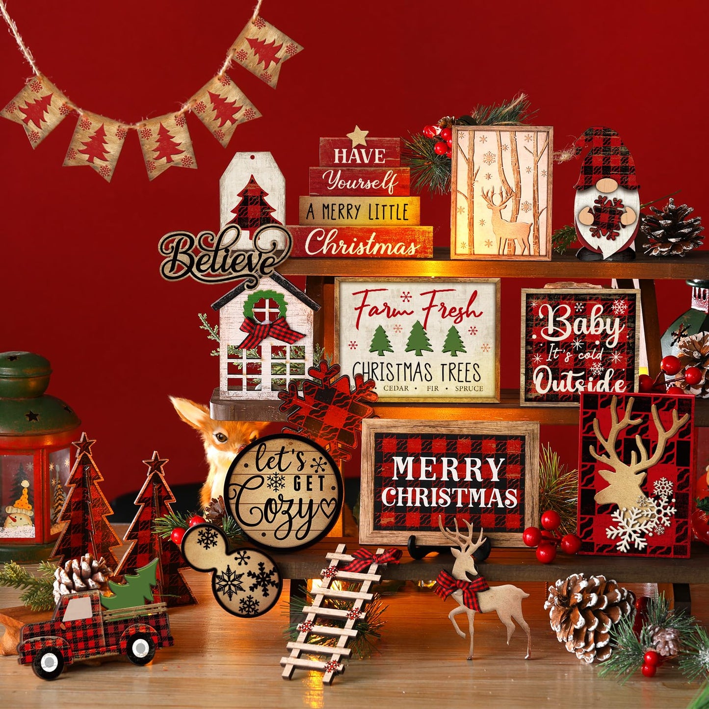 Shellwei 24 Pcs Christmas Tiered Tray Decor Wood Rustic Christmas Decoration for Home Table Shelf Winter Farmhouse Decor Xmas Trees Gnome Elk Snowflake Signs (Buffalo Plaid)