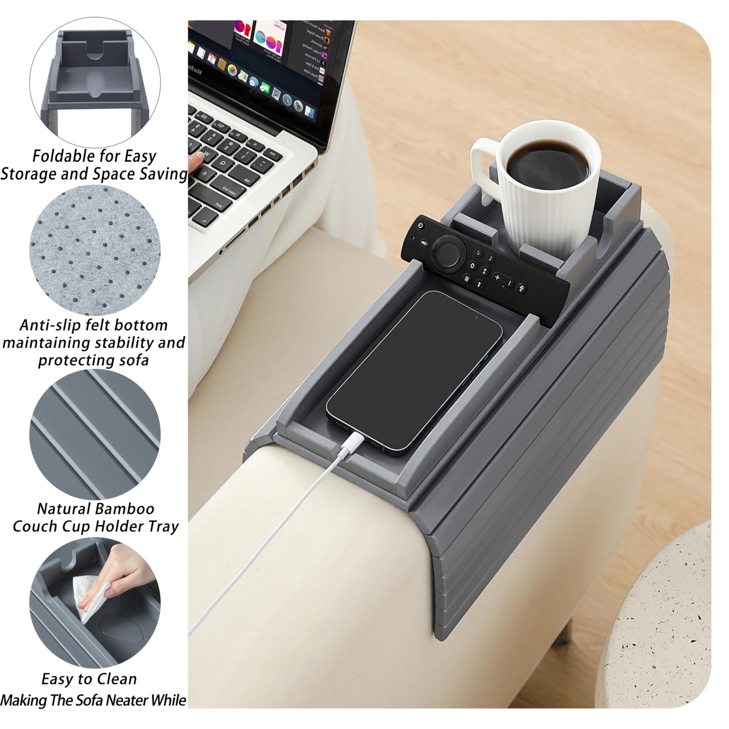 HNLISA Bamboo Couch Cup Holder Arm Tray，Foldable Couch Drink Holder Armrest Table，Sofa Arm Rest Tray，Flexible Arm Chair Table Recliners for Drink,Cups, Snacks, Phone, Remote (Grey)