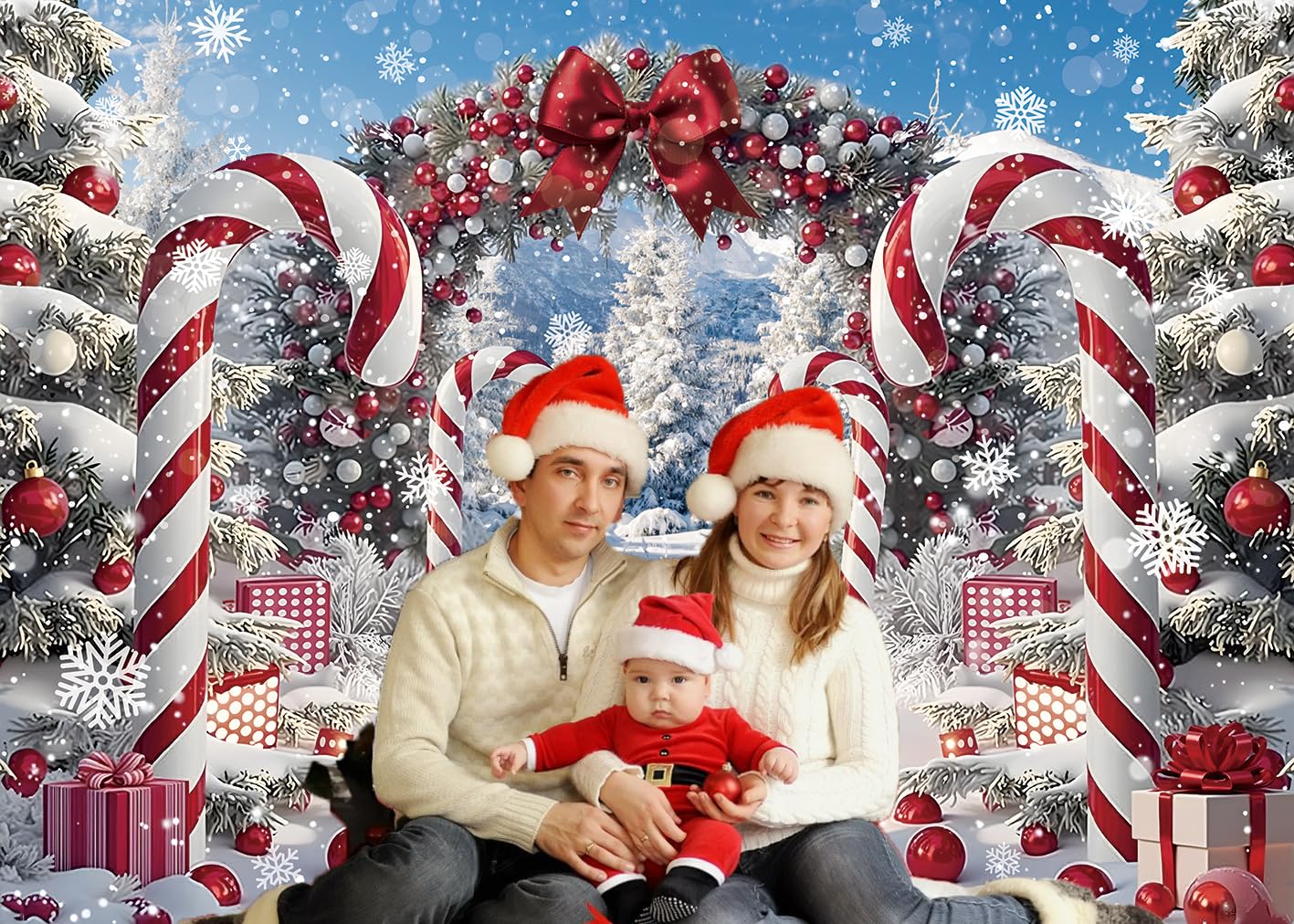 Merry Christmas Candy Cane Backdrop for Photography Winter Snow Scenery Christmas Tree Photo Background Xmas Holiday New Year Eve Family Party Decoration Banner Supplies (82x59 inch (7x5FT))
