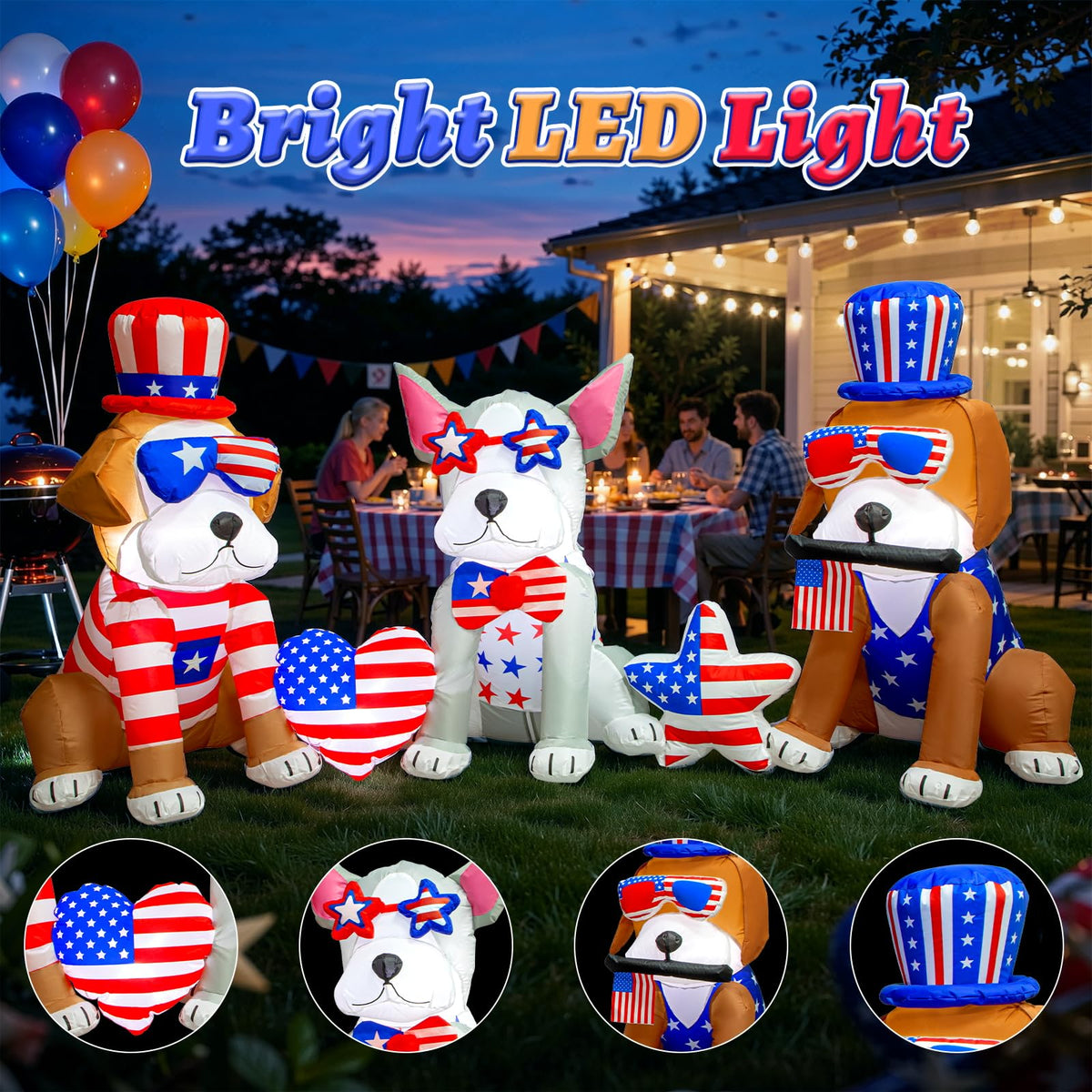 Spinosaurus 7FT 4th of July Inflatables Outdoor Decoration 3dog USA Flag Print Heart Star with LEDs Blow Up Independence Day Patriotic Holiday Yard Decorations
