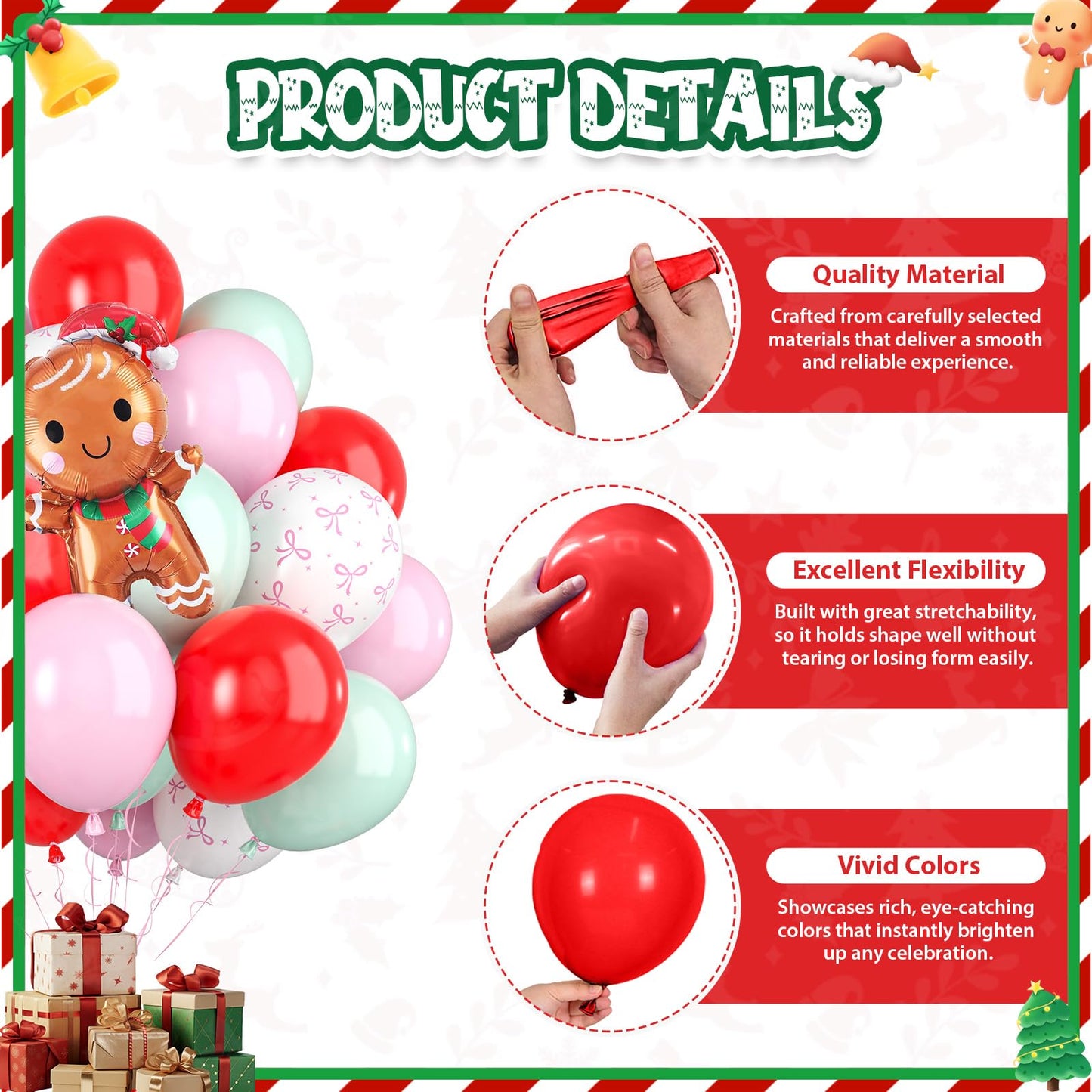 Christmas Balloons, 60pcs Pink and Red Green Balloons with Gingerbread Man Foil Xmas Balloon, Pastel Green Red and Pink Bow White Balloon for Christmas Party Decorations Birthday New Year Supplies
