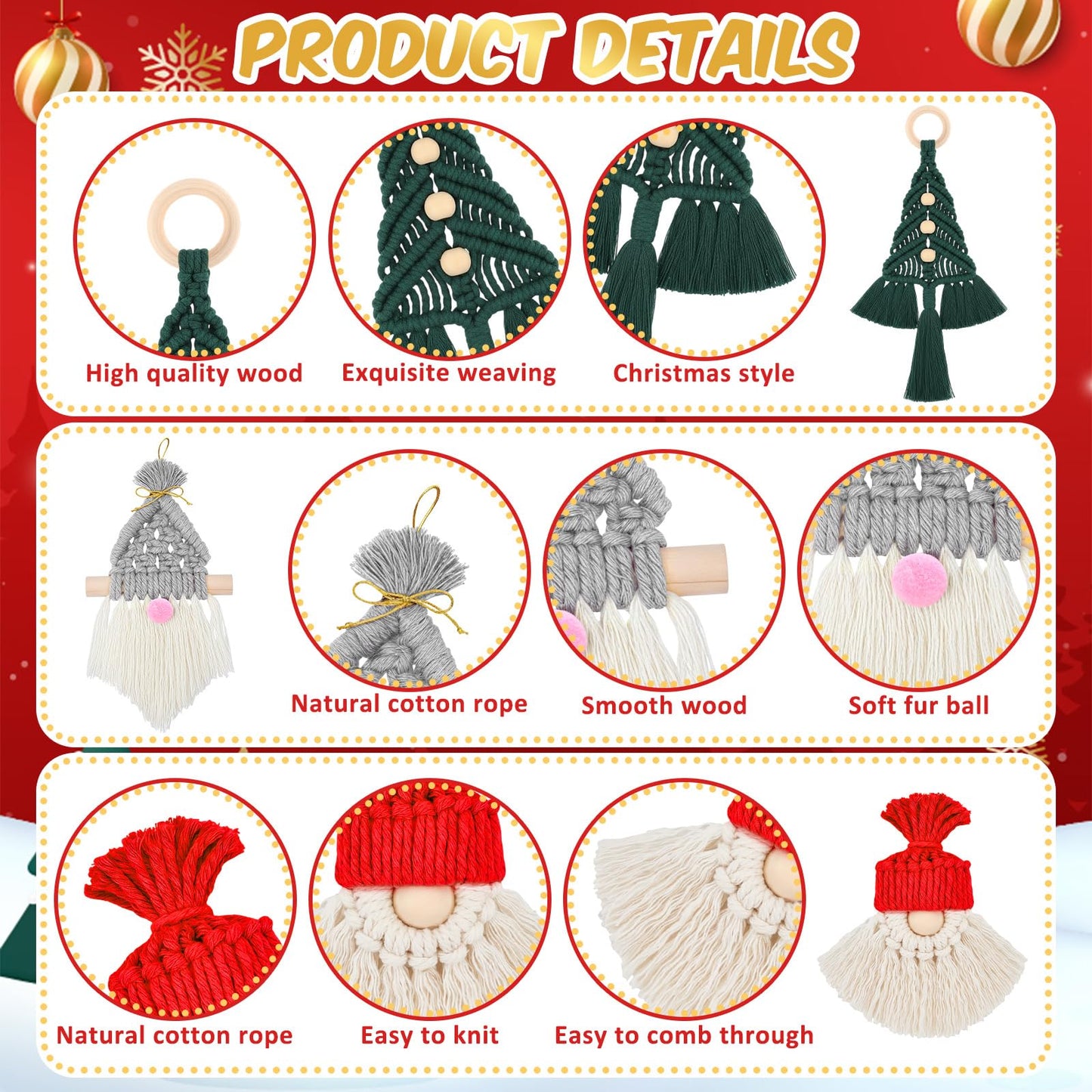 Suncalla 12 Set DIY Christmas Macrame Gnomes Santa Claus Kit DIY for Christmas Tree Decor Xmas Tree Hanging Ornament Kit Handmade Products for Beginners Adult Crafts Instructions Included