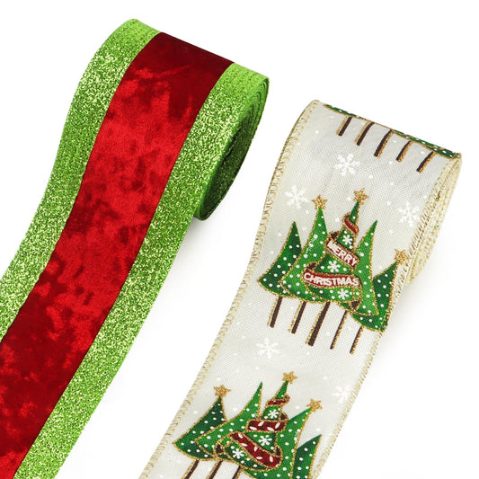Threetols 2 Rolls 10 Yards Christmas Wired Edge Ribbons, 2.5inch Green Red Stripe Velvet Ribbons, Glitter Christmas Tree Snowflake Ribbon for Winter Xmas Party DIY Craft Wreath Bow Decor