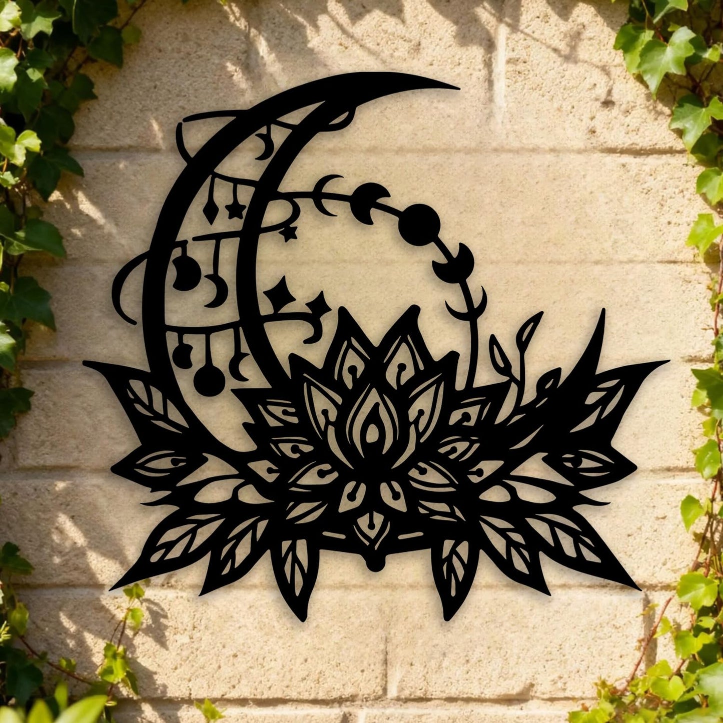 OPTYBVFD Moon Lotus Flower Metal Wall Decor - Moon Phase Room Decor Wall Art Home Decor for Living Room, Bedroom, Dining Room, Bathroom, Office (Black)