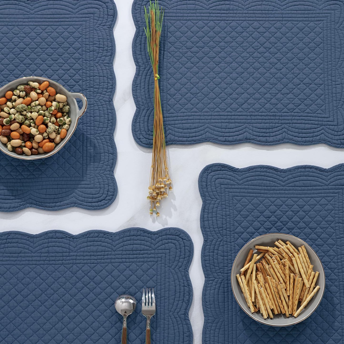HOMBYS Quilted Placemats Set of 6 Washable-13x18 inches Rectangular Placemats for Kitchen Table-100% Cotton Fabric Rectangular Table Mats, (Sapphire Blue)