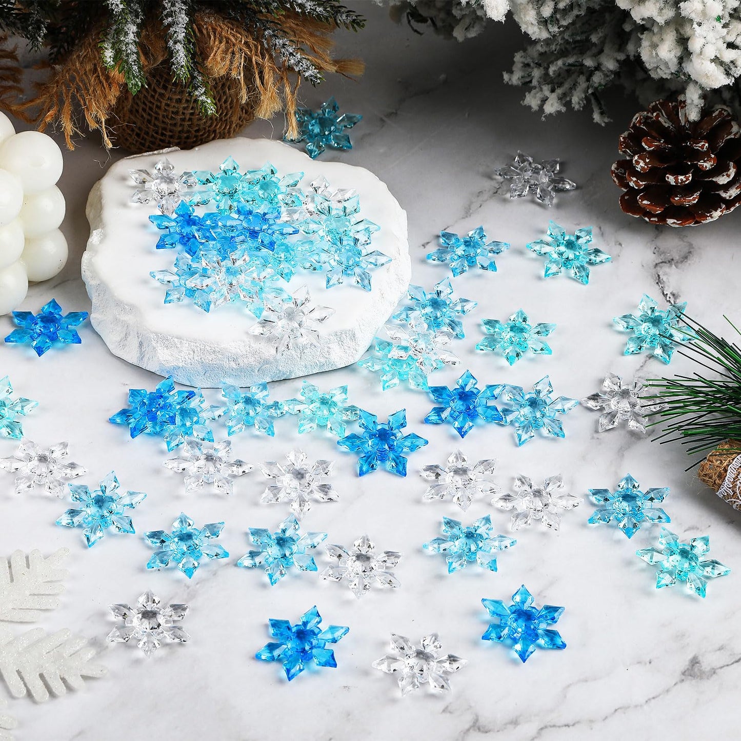 BOARDFEB 120Pcs Winter Acrylic Snowflake Ornaments 3D Blue Translucent Snowflake Crystals Gems Christmas Xmas Pendant Beads DIY Crafts for Vase Filler, Party Wedding Arts Crafts Decoration