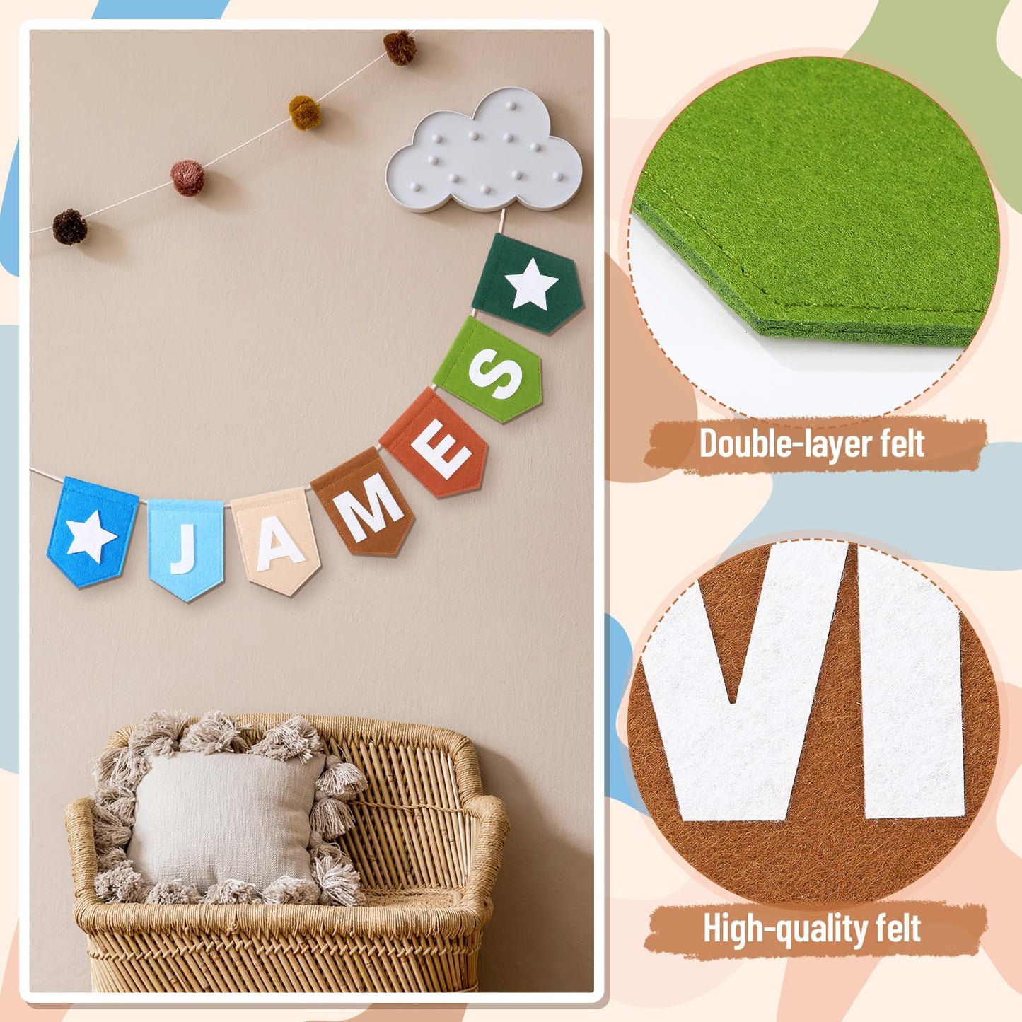Newwiee Personalized Baby Name Banner Custom Letters Banner Name Felt Bunting DIY Felt Letters Banners for Nursery, Playroom, Occasion, Charming Wall Decoration for Baby Shower