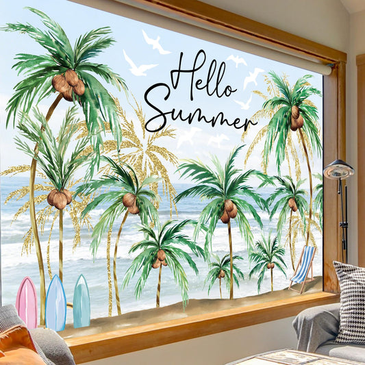 Heirloom Haven Extra Large Hello Summer Window Clings, Summer Sun Beach Window Removable Double Sided Coconut for Glass Windows Home Store Decor