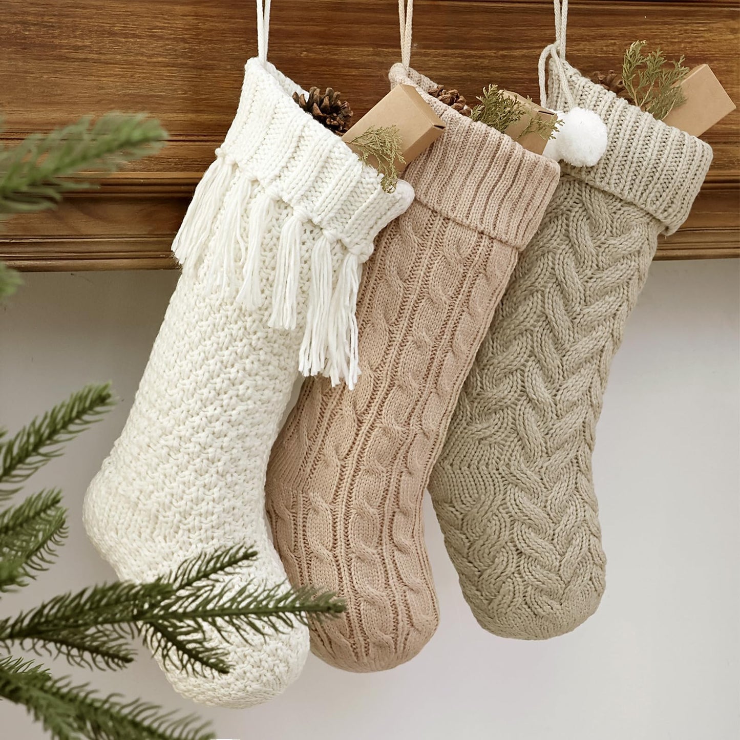 Farmhouse Personalized Knitted Christmas Stockings, 3 Packs 18 inche Knit Christmas Stockings, Rustic Farmhouse Boho Style Stocking Decorations for Family Holiday Season Decor, White & Beige