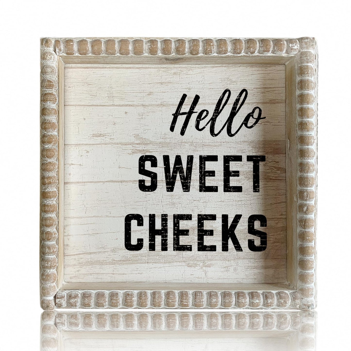 Boho Farmhouse Wooden Framed Bathroom Decor Signs, Funny Restroom Decorative Plaque Small Cute, Toilet Rules Shelf Decoration (Hello Sweet Cheeks)