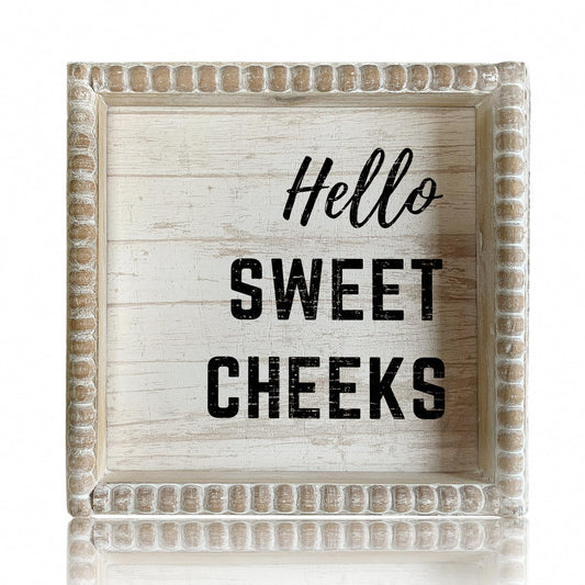Boho Farmhouse Wooden Framed Bathroom Decor Signs, Funny Restroom Decorative Plaque Small Cute, Toilet Rules Shelf Decoration (Hello Sweet Cheeks)