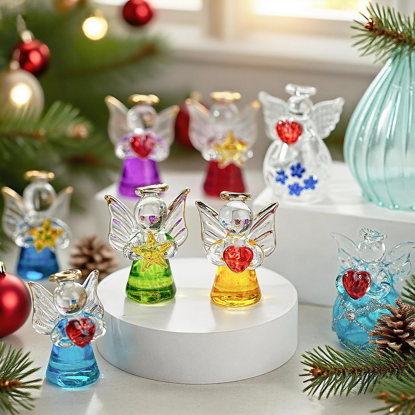 Mini Glass Angel Christmas Ornaments for Tree, 1.6" Small Crystal Guardian Angel Ornament Bulk for Christmas Tree, 2025 Hand Blown Spun Glass Home Decor Xmas Gift, Set of 12