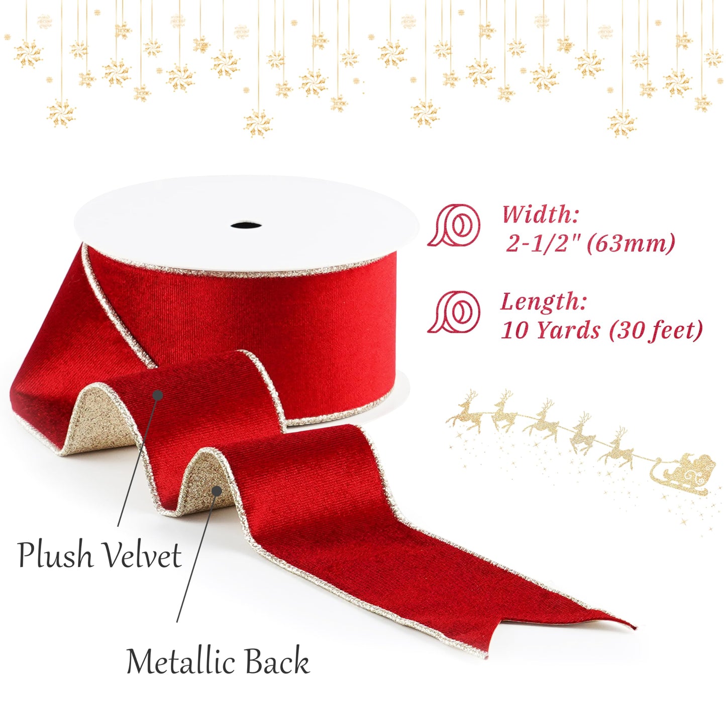 LIZLOVESS Red Velvet Wired Ribbon with Glitter Back 2.5 Inch Red and Gold Christmas Ribbon Wired Ribbon for Christmas Tree, Gift Wrapping, Mantel, Wreaths Supplies, Topper Bows (10 Yards)