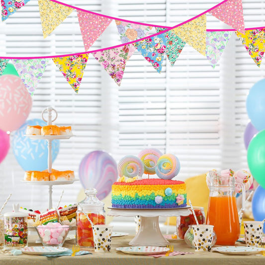 jijAcraft 39Ft Triangle Bunting Banner, 42Pcs Tea Floral Party Bunting Cotton Fabric Flags Pennant Garlands for Birthday Party, Wedding, Baby Shower, Outdoor and Home Decorations (Blue)