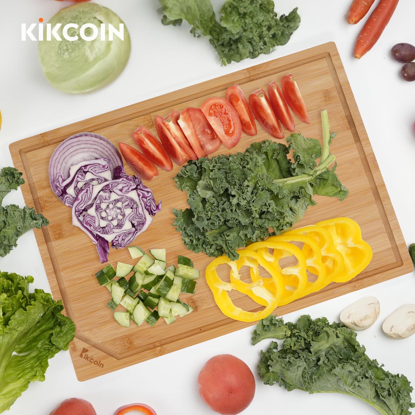 Kikcoin 17”×11” Bamboo Cutting Boards for Kitchen, Healthy Wooden Cutting Boards for Kitchen, Charcuterie, Vegetables, Cheese, Extra Large Chopping Boards with Deep Juice Groove and Handle, Natural