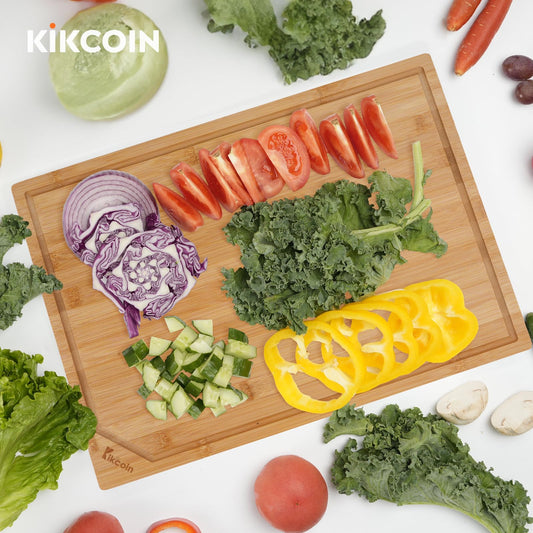 Kikcoin 17”×11” Bamboo Cutting Boards for Kitchen, Healthy Wooden Cutting Boards for Kitchen, Charcuterie, Vegetables, Cheese, Extra Large Chopping Boards with Deep Juice Groove and Handle, Natural