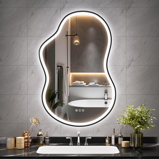 Hasipu Irregular Bathroom Mirror with Lights - 24"x35" LED Asymmetrical Wall Mirror, Abstract Modern Lighted Vanity Mirror for Wall, Anit-Fog, Dimmable, Memory, Vertical/Horizontal (Black