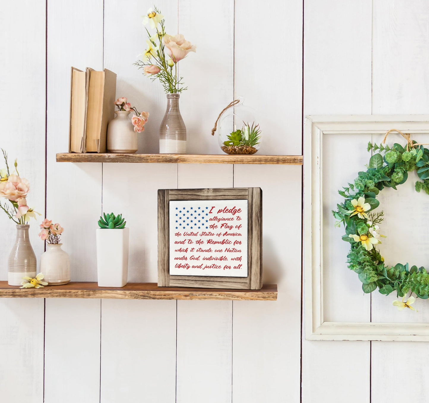 Americana Decor Wooden Sign, Patriotic American Flag Pledge of Allegiance Plaque, 4th of July Decorations Indoor, Memorial Day Home Decor, Rustic USA Wall Art Gift