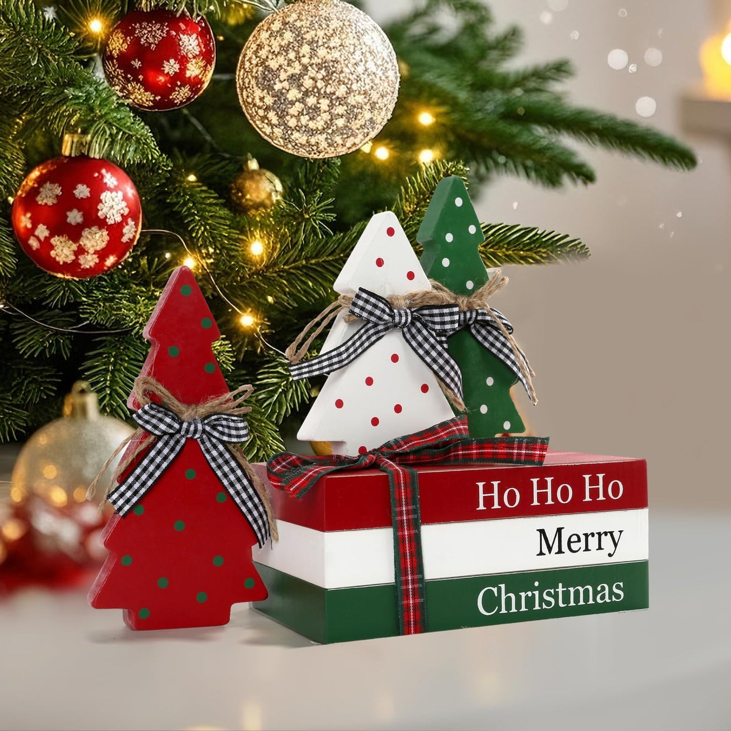 Christmas Decoration 6PCS Table Centerpieces, Tabletop Christmas Decor for Tiered Tray Shelf Mantel Fireplace Coffee Bar Office Desk Farmhouse Xmas Holiday Decoration Wood Faux Book and Tree Sign