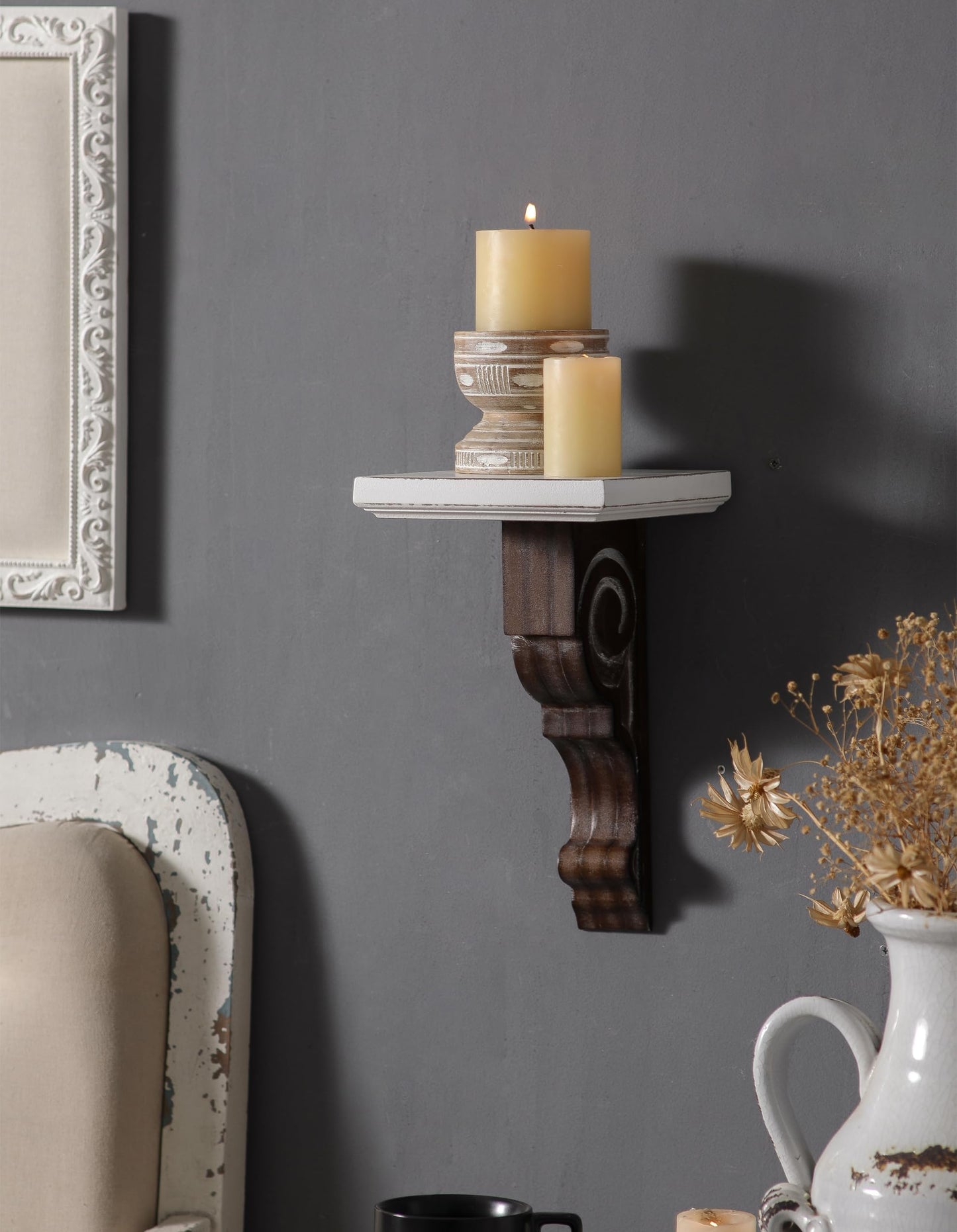 SOFE Small Wood Floating Shelf 12 Inches Tall, Farmhouse Wood Shelf for Wall, Decorative Rustic Candle Holder Shelf, White & Brown, Living Room, Bedroom, Dining Room Decor