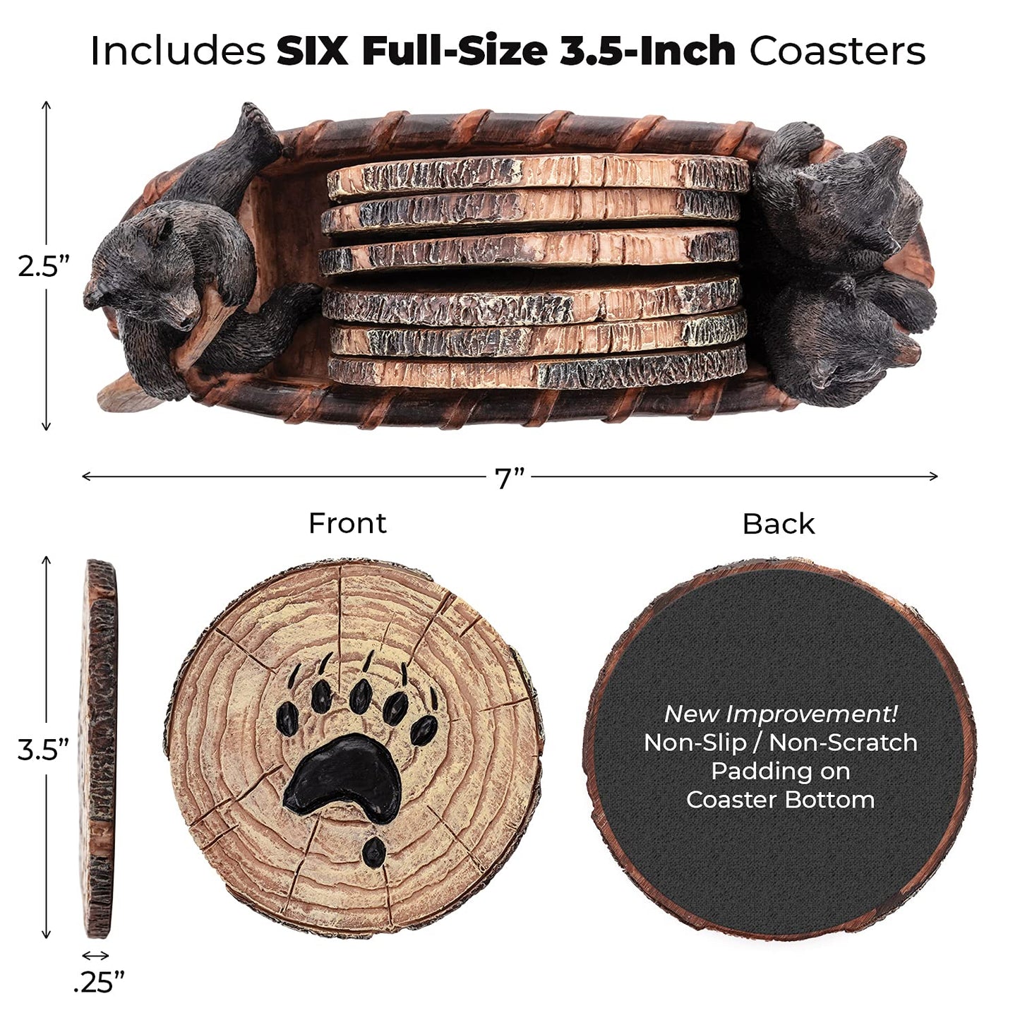 Bear Coasters Set of 6 Full Size Rustic Coasters in Handmade Canoe with Adorable Black Bear Figurines - Log Cabin Decorations, Rustic Lodge Decor for The Home