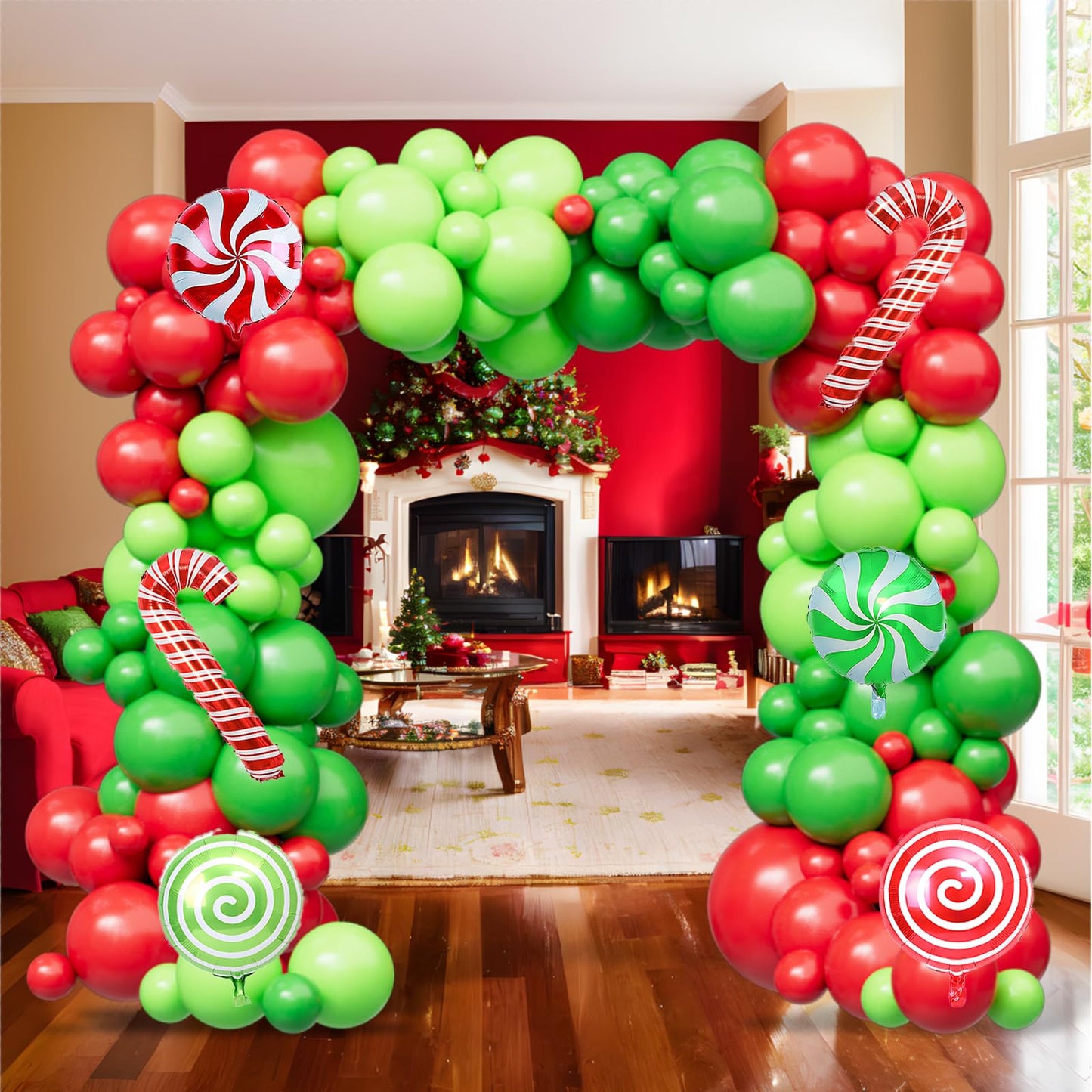 Christmas Balloon Arch Kit -129pcs Christmas Balloons With 18inch 12inch 5inch Green Red Lime Green Latex Balloons Candy Cane Balloons For Xmas Party Decorations