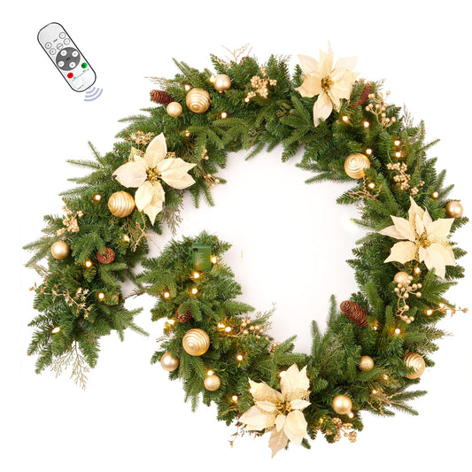 AMERZEST 9FT Prelit Artificial Christmas Garland with Dual Color LED Lights and Timer by Remote Control and Batteries Operated for Mantle Stairs Fireplace Door Xmas Decoration, Indoor Outdoor, Green