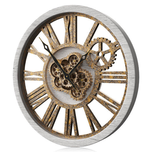 B-Style Large Wall Clock 18 Inch Moving Gear Oversized Vintage Farmhouse Rustic Industrial Wood Clock for Living Room Decor Silver Gray