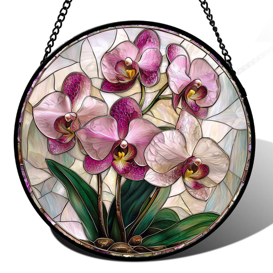 AMDERVEN Stained Glass Window Hanging - Pink Purple Phalaenopsis Flowers Sun Catcher for Door Home Decor Plant Suncatcher Christmas Mother's Day Birthday Gifts for Women Men Mom Nana 6.3 in
