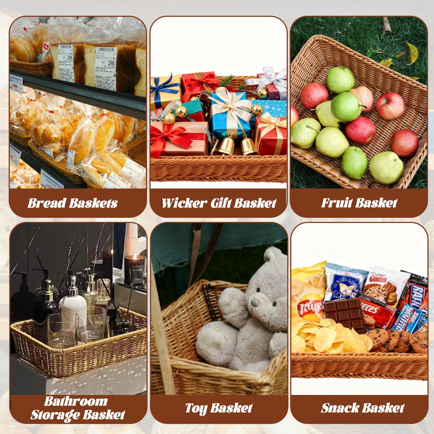 Retainbre 3 Pack Wicker Bread Baskets for Serving 15.8 Inch Rattan Tray Rectangular Display Baskets for Food Fruit Vegetables Snack Decorative Kitchen Restaurant Home
