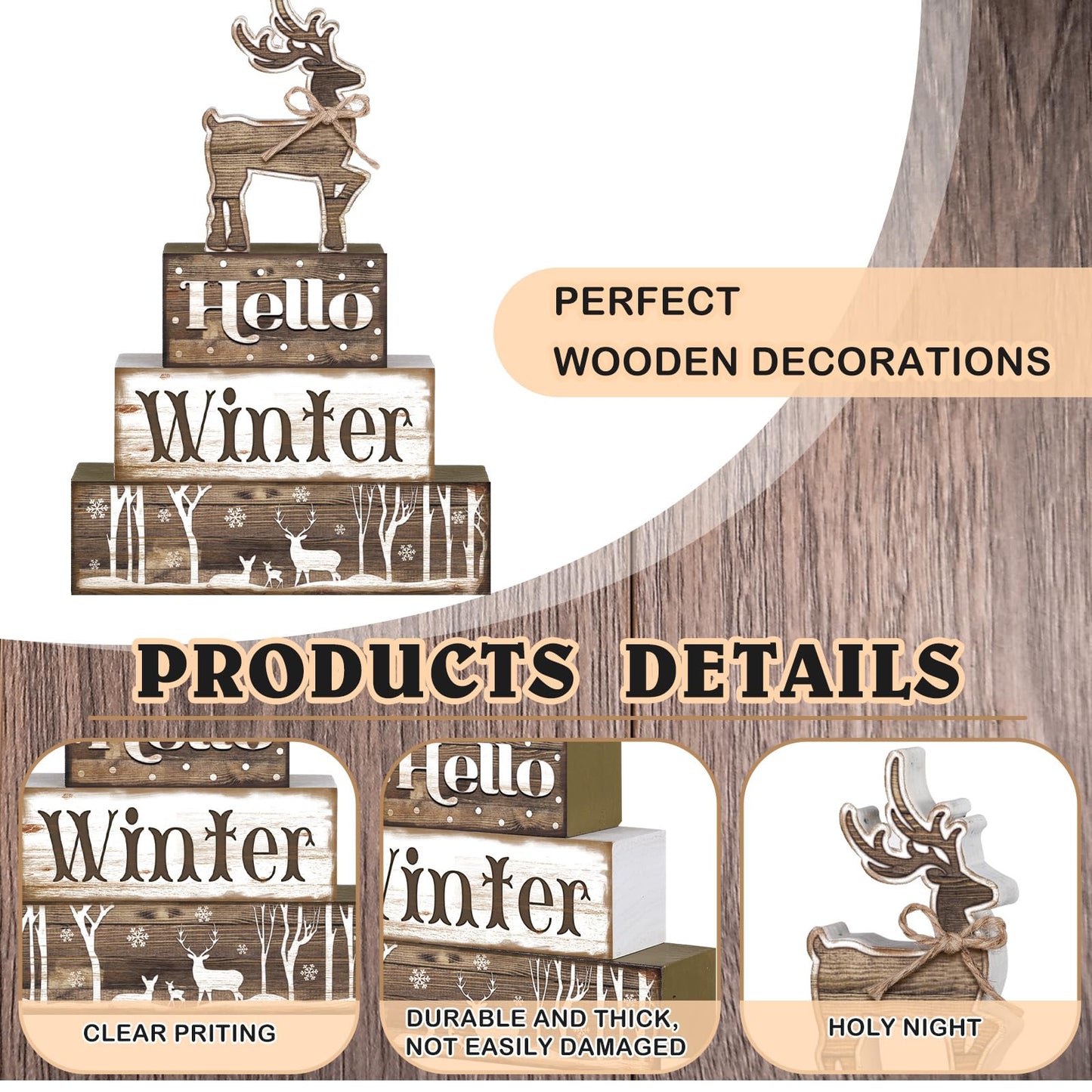 Moucuny 4 Pcs Hello Winter Table Decor Winter Tiered Tray Decor Elk Wooden Decorative Signage Centerpieces Farmhouse Wooden Block Set Table Sign for Home