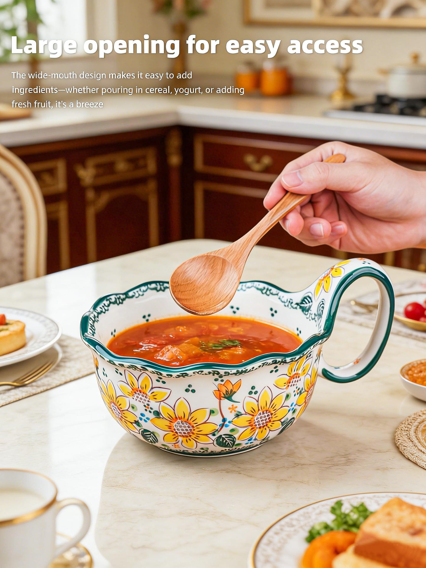 silesia Handmade Ceramic Soup Bowl, 30 oz Hand Painted Bowl with Loop Handle, Floral Design Cereal Bowl for Soup, Ice cream, Snack, Microwave & Dishwasher Safe (Sunflower)