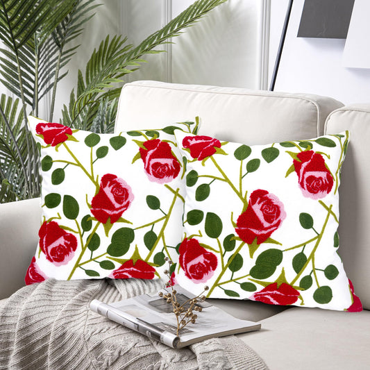 Alysheer Set of 2 Floral Embroidered Decorative Throw Pillow Cover 18" x 18" inches, Farmhouse Cottage Embroidery Red Rose Pattern Cotton Cushion Case for Sofa Couch Bed Living Room Outdoor Decor