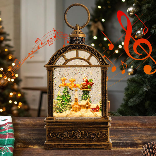 Snow Globe Christmas Lantern Decorations - 9.8”USB Plug-in & Battery Operated Music can be Turned Off，Portable Creative Water Glitters Lighted Music Christmas Snow Globe Lantern for Christmas Decor